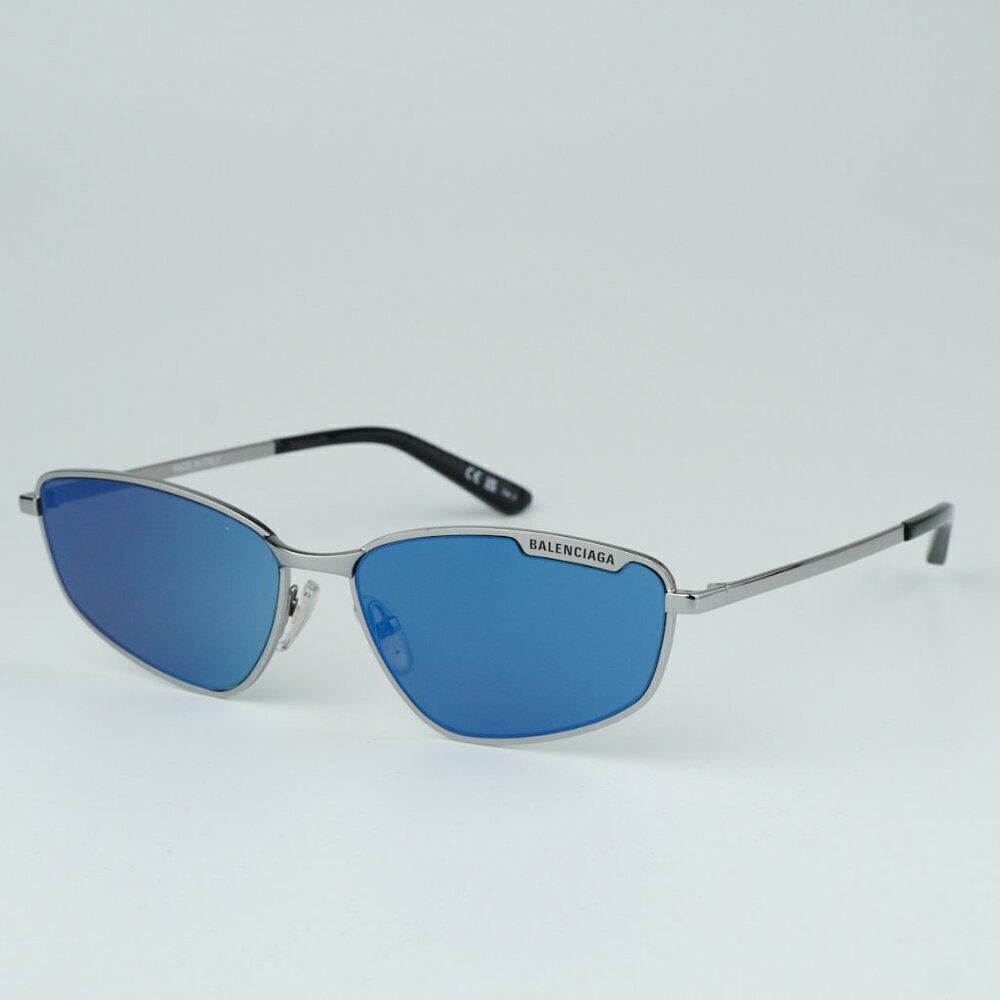 NEW Balenciaga BB0277S 003 Ruthenium Blue Mirrored Geometric Unisex Sunglasses - Picture 10 of 14